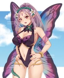 1girl bell black_one-piece_swimsuit breasts cleavage commission fairy_wings fire_emblem fire_emblem_heroes gluteal_fold grey_hair hair_ornament hands_on_own_hips highres large_breasts looking_at_viewer navel nintendo official_alternate_costume one-piece_swimsuit open_mouth partially_visible_vulva plumeria_(fire_emblem) plumeria_(summer)_(fire_emblem) pointy_ears red_eyes swimsuit symoca thighs wings