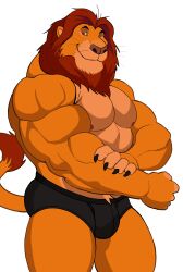 Rule 34 | 1boy, absurdres, ass, bara, bulge, claws, darknaigart, flexing, furry, furry male, highres, large pectorals, lion boy, looking at viewer, male focus, male underwear, mane, manly, mature male, mufasa, muscular, muscular male, nipples, no pants, orange fur, pectorals, red eyes, red fur, simple background, smile, solo, tail, the lion king, thick arms, thick thighs, thighs, topless male, underwear, white background