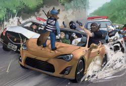 Rule 34 | 1girl, 5boys, aiming, animal ears, bag, bandana, beanie, black footwear, black hat, blue hat, blue jacket, blue pants, brown hair, bulletproof vest, car, clenched hand, clenched teeth, commentary request, covered face, day, doitsuken, dollar sign, driving, facing away, frown, gas mask, gloves, green jacket, gun, handgun, hat, helmet, highres, holding, holding gun, holding weapon, jacket, license plate, long sleeves, looking at another, mask, motor vehicle, motorcycle, motorcycle helmet, multiple boys, on vehicle, original, outdoors, pants, pistol, police, police car, police hat, police uniform, policeman, policewoman, pouch, raccoon ears, raccoon tail, railing, red eyes, road, sanpaku, scared, shoes, short hair, shoulder bag, sparks, standing, surprised, sweatdrop, tail, teeth, toyota, toyota 86, toyota gt86, uniform, vehicle chase, vehicle focus, weapon, white gloves, wide-eyed