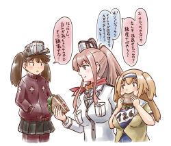 Rule 34 | 10s, 3girls, anchor, ascot, blazer, blue eyes, brown eyes, brown hair, eating, food, hair between eyes, hairband, hands in pockets, i-26 (kancolle), jacket, kantai collection, karasu (naoshow357), light brown hair, long hair, long sleeves, multiple girls, new school swimsuit, pants, pants under skirt, ponytail, red ascot, ryuujou (kancolle), sailor collar, sandwich, saratoga (kancolle), school swimsuit, short hair, short sleeves, side ponytail, sidelocks, swimsuit, swimsuit under clothes, track jacket, track pants, track suit, translation request, twintails, two-tone hairband, two side up, visor cap