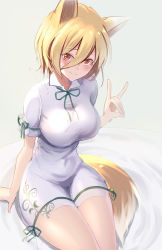 Rule 34 | 1girl, animal ears, blonde hair, blush, breasts, closed mouth, dress, fox ears, fox girl, fox shadow puppet, fox tail, hair between eyes, kudamaki tsukasa, large breasts, light smile, looking at viewer, short dress, short hair, short sleeves, simple background, sitting, solo, tail, thighs, touhou, white dress, wide hips, yellow eyes, z.o.b