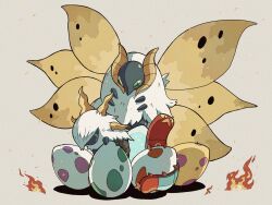 Rule 34 | alternate color, animal focus, bug, commentary request, creatures (company), cross-shaped pupils, debudebumetabo, egg, fire, flame body (pokemon), game freak, gameplay mechanics, gen 5 pokemon, gen 8 pokemon, green eyes, highres, insect, insect wings, larvesta, moth, multiple wings, nintendo, no humans, pokemon, pokemon (creature), pokemon egg, shiny pokemon, simple background, sizzlipede, symbol-shaped pupils, volcarona, white background, white fur, wings