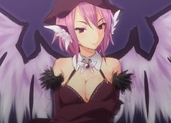 Rule 34 | 1girl, adapted costume, alternate costume, animal ears, ayagi daifuku, bad id, bad twitter id, bird wings, breasts, cleavage, colorized, detached collar, feathered wings, feathers, gloves, hat, inactive account, looking at viewer, mystia lorelei, pink eyes, pink hair, red gloves, short hair, simple background, sketch, smile, solo, touhou, wings