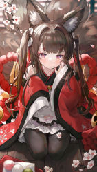 Rule 34 | 1girl, absurdres, amagi-chan (azur lane), animal ears, azur lane, bare shoulders, bibimbub, black pantyhose, blush, brown hair, commentary, dango, flower, food, fox ears, fox girl, fox tail, hand on own cheek, hand on own face, hand up, highres, japanese clothes, kimono, kitsune, kyuubi, long hair, long sleeves, looking at viewer, multiple tails, off shoulder, pantyhose, purple eyes, red kimono, rope, seiza, shimenawa, short eyebrows, sitting, sleeves past fingers, sleeves past wrists, smile, solo, symbol-only commentary, tail, thick eyebrows, twintails, wagashi, white flower, wide sleeves