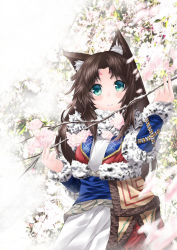 Rule 34 | 1girl, animal ears, blue eyes, brown hair, cherry blossoms, decchi oyabun, female focus, highres, long hair, nature, original, petals, solo, traditional clothes, tree, wind