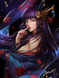 Rule 34 | 1girl, autumn leaves, bare shoulders, beads, black background, black nails, blue kimono, blunt bangs, blush, breasts, earrings, finger to mouth, fingernails, floating hair, from side, glowing, guinu hongye, hair ornament, highres, japanese clothes, jewelry, kdash, kimono, large breasts, leaf, leaf print, light particles, lips, long hair, long sleeves, looking at viewer, maple leaf, nail polish, off shoulder, onmyoji, parted lips, print kimono, purple hair, red eyes, red lips, sideboob, sideways glance, signature, solo, tassel, upper body, very long hair, wide sleeves
