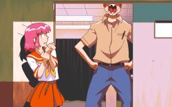 Rule 34 | 1990s (style), 1boy, 1girl, 2 shot diary 2, animated, animated gif, game cg, grin, hands on own hips, mai (2 shot diary 2), may-be soft, pc98, pink hair, retro artstyle, smile, tagme