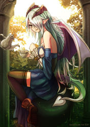 Rule 34 | 1girl, ankle boots, bare shoulders, black thighhighs, boots, breasts, brown thighhighs, buckle, clenched hand, cup, demon tail, detached sleeves, eyebrows, eyelashes, green hair, hair over one eye, holding, holding cup, horns, ilassa (elh), lilim (monster girl encyclopedia), long hair, long pointy ears, looking at viewer, monster girl, monster girl encyclopedia, original, parted lips, pointy ears, sitting, solo, sud (sudea), tail, tea, teacup, teapot, thighhighs, very long hair, wings, zettai ryouiki