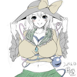 Rule 34 | 1girl, :&gt;, alternate breast size, black hat, blue eyes, blush, bow, breasts, cleavage, collarbone, dated, eyeball, female focus, flat color, green skirt, hat, hat bow, hat ribbon, hat tug, heart, heart of string, impossible clothes, komeiji koishi, kurokawa otogi, large breasts, long sleeves, looking at viewer, midriff, navel, otogi (s in w), ribbon, shirt, short hair, signature, sketch, skirt, smile, solo, third eye, touhou, upper body, white background, white hair, wide sleeves, yellow shirt