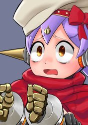 1girl :o absurdres android beret bow crying crying_with_eyes_open grey_background hat highres open_mouth poppi_(xenoblade) poppi_alpha_(xenoblade) purple_hair red_bow red_scarf scarf simple_background solo taiyaki_(powan_po40) tareme tears upper_body wide-eyed xenoblade_chronicles_(series) xenoblade_chronicles_2 yellow_eyes