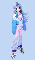 Rule 34 | 1girl, absurdres, adidas, arms at sides, black eyes, blue background, blue hair, blue jacket, blue theme, closed mouth, crop top, denim, denim shorts, floating, floating hair, glasses, highres, jacket, layered clothes, leg warmers, long hair, long sleeves, looking at viewer, maymay pic, midriff peek, multiple piercings, navel, nike (company), open clothes, open jacket, shoes, shorts, simple background, sleeves past wrists, smile, sneakers, solo