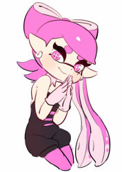 Rule 34 | + +, 1girl, alternate eye color, alternate hair color, bare shoulders, black jumpsuit, callie (splatoon), closed mouth, coula cat, detached collar, earrings, gloves, hair rings, hands up, highres, inkling, interlocked fingers, jewelry, jumpsuit, long hair, looking at viewer, mole, mole under eye, nintendo, pantyhose, pink eyes, pink hair, pink pantyhose, pointy ears, short jumpsuit, simple background, smile, solo, splatoon (series), splatoon 1, strapless, suction cups, symbol-shaped pupils, tentacle hair, white background, white gloves