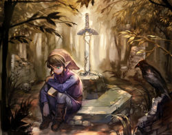 Rule 34 | 1boy, bird, charcoalo, crow, forest, green eyes, male focus, master sword, nature, nintendo, outdoors, overgrown, plant, planted sword, planted, pointy ears, ravio, sitting, skull, solo, spoilers, sword, the legend of zelda, the legend of zelda: a link between worlds, tree, weapon