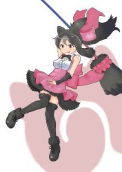 Rule 34 | 10s, 1girl, animal ears, bare shoulders, bear ears, bergman&#039;s bear (kemono friends), black hair, bow, bowtie, brown eyes, full body, fur trim, grey hair, highres, japari symbol, kemono friends, long hair, multicolored hair, paw stick, ponytail, squid neetommy, staff, thighhighs, tongue, tongue out, two-tone hair, white background