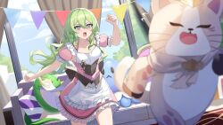 Rule 34 | animal, apron, arm up, blurry, blurry foreground, blush, breasts, can (honkai impact), cat, chasing, cleavage, commentary, couch, curtains, depth of field, dress, english commentary, eruthika, flying sweatdrops, frilled apron, frilled dress, frills, green eyes, green hair, highres, honkai (series), honkai impact 3rd, indoors, long hair, medium breasts, mobius (honkai impact), open mouth, pennant, pillow, pink dress, puffy short sleeves, puffy sleeves, running, second-party source, short sleeves, skirt, solo focus, string of flags, v-shaped eyebrows, very long hair, waist apron, white apron, window