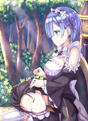 Rule 34 | 10s, 1boy, 1girl, black hair, blue eyes, blue hair, blush, closed eyes, closed mouth, day, forest, from side, hair over one eye, hand on another&#039;s head, highres, holding, lap pillow, maid, maid headdress, md5 mismatch, natsuki subaru, nature, outdoors, profile, re:zero kara hajimeru isekai seikatsu, reins, rem (re:zero), resolution mismatch, ribbon-trimmed clothes, ribbon-trimmed legwear, ribbon trim, short hair, sitting, smile, source smaller, sunlight, thighhighs, tukisiro nao