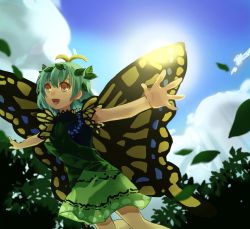 Rule 34 | 1girl, antennae, aqua hair, bad anatomy, bad leg, blush, butterfly wings, day, dress, eternity larva, fairy, green dress, hair between eyes, insect wings, kaigen 1025, leaf, leaf on head, multicolored clothes, multicolored dress, open mouth, outstretched arms, short hair, single strap, smile, solo, spread arms, touhou, wings, yellow eyes
