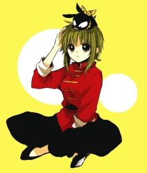 Rule 34 | 1girl, :o, animal, animal on head, anzu (o6v6o), bandana, between legs, black footwear, black pants, cosplay, crossed legs, crossover, green eyes, gumi, hand between legs, hand on own head, long sleeves, on head, p-chan, pants, pig, ranma 1/2, red shirt, saotome ranma, saotome ranma (cosplay), shirt, short hair with long locks, simple background, sitting, sleeves rolled up, solo, vocaloid, yellow background, yellow bandana