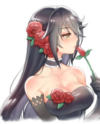 Rule 34 | 1girl, bad id, bad pixiv id, bare shoulders, black gloves, black neckwear, breasts, choker, cleavage, collarbone, elbow gloves, expressionless, flower, folks (nabokof), gloves, hair flower, hair ornament, holding, holding flower, looking away, medium breasts, official alternate costume, profile, red flower, red rose, rose, simple background, solo, tales of (series), tales of berseria, upper body, velvet crowe, white background, yellow eyes