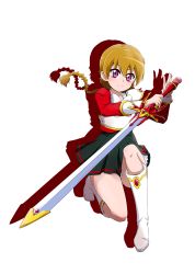 Rule 34 | 1girl, absurdres, black skirt, blonde hair, boots, braid, braided ponytail, character request, closed mouth, cosplay, fresh precure!, full body, hair between eyes, highres, holding, holding sword, holding weapon, knee boots, long sleeves, looking at viewer, magic knight rayearth, miniskirt, nita (onakatohoppe), on one knee, pleated skirt, ponytail, precure, purple eyes, red shirt, shadow, shidou hikaru, shidou hikaru (cosplay), shirt, short hair with long locks, sidelocks, simple background, skirt, smile, solo, sword, weapon, white background, white footwear