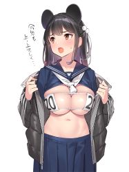 Rule 34 | 1girl, 2020, :o, animal ears, between breasts, bikini, black hair, black jacket, blue serafuku, blue shirt, blue skirt, breasts, brown eyes, cleavage, clothes lift, commentary request, eyepatch bikini, fake animal ears, fang, hair ornament, hairband, jacket, large breasts, long hair, looking away, mouse ears, navel, necktie, off shoulder, open clothes, open jacket, open mouth, original, pleated skirt, pom pom (clothes), popqn, sailor collar, school uniform, serafuku, shirt, shirt lift, simple background, skirt, solo, stomach, sweatdrop, swimsuit, white background, white necktie