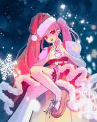 Rule 34 | 1girl, blush, bow, christmas, christmas tree, commentary, dress, english commentary, foot out of frame, footwear bow, fur-trimmed headwear, fur trim, hat, heart, heart hands, highres, knee up, long hair, looking at viewer, mistletoe, omori, open mouth, perfectheart (omori), pink eyes, pink hair, puffy short sleeves, puffy sleeves, red dress, riifushi, santa hat, short sleeves, sidelocks, sitting, smile, snowflakes, solo, teeth, thighhighs, twintails, upper teeth only, very long hair, white thighhighs