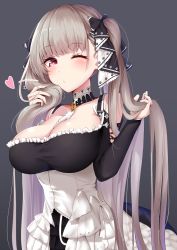 Rule 34 | 1girl, azur lane, bare shoulders, between breasts, blush, breasts, cleavage, detached collar, dress, formidable (azur lane), frilled dress, frills, grey background, grey hair, heart, highres, holding, holding hair, large breasts, long hair, looking at viewer, one eye closed, red eyes, simple background, solo, twintails, two-tone dress, two-tone ribbon, very long hair, yigra don