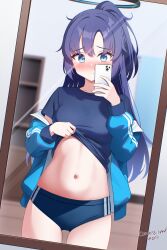 1girl absurdres belly black_halo blue_archive blue_buruma blue_hair blue_jacket buruma cellphone gym_uniform halo highres holding holding_phone jacket long_hair looking_at_viewer mirror n2o official_alternate_costume phone selfie solo stomach thighs track_jacket yuuka_(blue_archive) yuuka_(track)_(blue_archive)