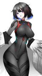 Rule 34 | 1girl, absurdres, arknights, ayanami rei (cosplay), black hair, blue eyes, blue hair, blue lips, bodysuit, breasts, bright pupils, cosplay, covered collarbone, cowboy shot, evangelion: 3.0 you can (not) redo, highres, impossible bodysuit, impossible clothes, kjera (arknights), large breasts, looking at viewer, multicolored hair, neon genesis evangelion, open clothes, open mouth, plugsuit, rebuild of evangelion, short hair, simple background, skin tight, solo, thigh gap, wawamachi (wawamachis), white background, white hair, wide hips