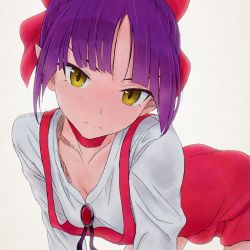Rule 34 | 1girl, akagi (fmttps), all fours, bad id, bad pixiv id, blush, bow, breasts, brooch, choker, cleavage, closed mouth, dress, gegege no kitarou, hair bow, jewelry, long sleeves, looking at viewer, nekomusume, nekomusume (gegege no kitarou 6), pointy ears, purple hair, red bow, red choker, red dress, shirt, short hair, simple background, small breasts, solo, white shirt, yellow eyes
