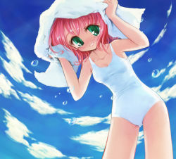 Rule 34 | 1girl, cloud, day, green eyes, mimukamu, one-piece swimsuit, red hair, sky, solo, swimsuit, towel, towel on head