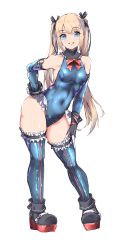 Rule 34 | 1girl, absurdres, ankle boots, bare shoulders, black footwear, blonde hair, blue eyes, blue leotard, blue one-piece swimsuit, blue thighhighs, boots, breasts, covered navel, dead or alive, detached sleeves, frilled thighhighs, frills, full body, gloves, hair ribbon, hand on own hip, hand on own leg, highres, legs apart, leotard, long hair, long sleeves, looking at viewer, marie rose, one-piece swimsuit, red ribbon, ribbon, simple background, small breasts, smile, solo, standing, swimsuit, thighhighs, thighs, very long hair, white background, yorughi