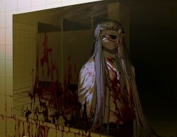 Rule 34 | 1boy, aqua eyes, bathroom, blood, blood in hair, blood on clothes, blood on face, blood splatter, braid, brown background, collared shirt, eyepatch, glowing, glowing eyes, grey hair, indoors, korean commentary, long hair, looking at mirror, looking at viewer, male focus, mirror, multiple braids, necktie, original, parted lips, reflection, sasi mozzi1, shirt, solo, standing, striped necktie, tile floor, tiles, upper body, vertical-striped clothes, vertical-striped necktie, very long hair