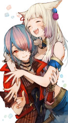 Rule 34 | 2girls, ^ ^, animal ears, arm around neck, asymmetrical sleeves, au ra, bare shoulders, belt, black collar, blonde hair, blue hair, blunt bangs, cat ears, closed eyes, collar, commission, cowboy shot, cropped jacket, detached sleeves, dragon horns, facial mark, fang, final fantasy, final fantasy xiv, gradient hair, hair ornament, hair over one eye, heart, highres, horn ornament, horn ring, horns, hug, jacket, kemomin nosuke, long hair, looking at another, miqo&#039;te, multicolored hair, multiple girls, one eye covered, open mouth, pink hair, red eyes, red jacket, scales, shirt, short hair, simple background, skeb commission, smile, standing, striped clothes, striped shirt, two-tone hair, uneven sleeves, warrior of light (ff14), white background