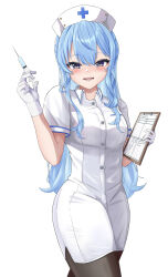 Rule 34 | 1girl, :d, alternate costume, black pantyhose, blue eyes, blue hair, blush, breasts, clipboard, collared dress, commentary request, dress, gloves, hat, highres, hiiragi melt, holding, holding clipboard, hololive, hoshimachi suisei, long hair, looking at viewer, nurse, nurse cap, open mouth, pantyhose, small breasts, smile, solo, star (symbol), star in eye, symbol in eye, thighs, very long hair, virtual youtuber, white background, white dress, white gloves, white hat