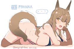 Rule 34 | ..., 1girl, alternate costume, animal ears, arknights, blue one-piece swimsuit, blush, breast press, breasts, brown gloves, brown hair, brown thighhighs, character name, commentary, dated, elbow gloves, fox ears, fox girl, fox tail, franka (arknights), full body, gloves, hair between eyes, half updo, konigstigerchan, large breasts, long hair, looking at viewer, lying, on stomach, one-piece swimsuit, open mouth, scowl, sideboob, simple background, slingshot swimsuit, solo, spoken ellipsis, sweat, swimsuit, tail, tail censor, thighhighs, twitter username, v-shaped eyebrows, white background, yellow eyes