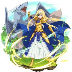 Rule 34 | 1girl, alice zuberg, amayori (sao), armor, armored boots, armored dress, blonde hair, blue cape, blue eyes, boots, cape, dragon, eyepatch, faulds, floating hair, full body, gauntlets, gold armor, grey horns, hair intakes, hairband, highres, horns, long hair, long skirt, official art, open mouth, pleated skirt, skirt, solo, standing, sword art online, transparent background, very long hair, white hairband, white skirt, yellow footwear