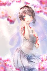 Rule 34 | 1girl, :d, absurdres, bare shoulders, black hair, blurry foreground, bridal veil, bride, burn scar, crescent light, dorei to no seikatsu ~teaching feeling~, dress, flower wreath, hair up, hand on own chest, happy, happy tears, highres, jewelry, looking at viewer, open mouth, purple eyes, ring, scar, smile, solo, strapless, strapless dress, sylvie (dorei to no seikatsu), tears, veil, wedding band, wedding dress, white dress, wreath