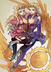 Rule 34 | 1boy, 1girl, absurdres, blonde hair, blue eyes, braid, breasts, bug, center opening, cleavage, dual persona, genderswap, genderswap (mtf), giorno giovanna, highres, insect, jojo no kimyou na bouken, ladybug, long hair, peninsula (disappearedstump), thighhighs, vento aureo