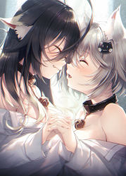 Rule 34 | 2girls, absurdres, ahoge, animal ear fluff, animal ears, bare shoulders, bell, black collar, black hair, breasts, cat ears, cat hair ornament, closed eyes, collar, commentary request, fang, fang out, from side, hair between eyes, hair ornament, hand up, hasumi (hasubatake39), heads together, highres, holding hands, huge filesize, jingle bell, kuon (hasumi (hasubatake39)), large breasts, long hair, long sleeves, multiple girls, neck bell, off shoulder, original, parted lips, setsuna (hasumi (hasubatake39)), shirt, short hair, silver hair, upper body, white shirt, yuri