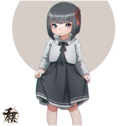 Rule 34 | 1girl, :o, black dress, black hair, blue eyes, blush, bob cut, commentary request, dress, feet out of frame, grey background, grey jacket, hair ornament, highres, jacket, kuro kosyou, long sleeves, looking at viewer, original, parted lips, pleated dress, short eyebrows, short hair, skirt hold, sleeves past wrists, solo, thick eyebrows, two-tone background, white background, zashiki-warashi
