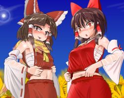 Rule 34 | &gt;:o, 2girls, :o, :p, armpits, benikurage (cookie), blush, bow, breasts, brown eyes, brown hair, closed mouth, cookie (touhou), hair bow, hair tubes, hakurei reimu, highres, large breasts, looking at viewer, multiple girls, navel, pai kebon baa, parted lips, plump, red bow, red eyes, reu (cookie), short hair, smile, sweat, sweat stain, tongue, tongue out, touhou, v-shaped eyebrows, very sweaty