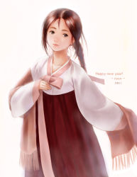 Rule 34 | 00s, 1girl, 2002, artist request, braid, brown eyes, brown hair, cowboy shot, dated, facing viewer, hanbok, happy new year, korean clothes, long hair, looking at viewer, new year, original, photorealistic, realistic, scarf, single braid, solo, standing