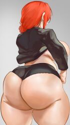 Rule 34 | 1girl, absurdres, artist name, ass, ass focus, bent over, black panties, blush, breasts, brown eyes, chainsaw man, grey background, highres, huge ass, huge breasts, long hair, makima (chainsaw man), noblood (ryandomonica), panties, plump, red hair, solo, thick thighs, thighs, underwear