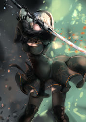 Rule 34 | 1girl, absurdres, aikawa juujutsu machi, black dress, black gloves, black thighhighs, blindfold, boots, breasts, cleavage, cleavage cutout, clothing cutout, covering own eyes, cowboy shot, dress, gloves, hairband, highres, holding, holding sword, holding weapon, juliet sleeves, knee boots, long sleeves, medium breasts, nier, nier (series), nier:automata, parted lips, puffy sleeves, short dress, short hair, solo, sword, thighhighs, weapon, white hair, 2b (nier:automata), zettai ryouiki