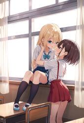 2girls black_socks blonde_hair blue_bow blue_eyes blue_skirt blush bow brown_hair chair collared_shirt commentary_request curtains day desk diagonal-striped_bow dress_shirt eye_contact hair_between_eyes hand_in_another&#039;s_hair hand_up highres indoors long_hair looking_at_another multiple_girls original panties parted_lips pleated_skirt profile red_eyes red_skirt school_chair school_desk school_uniform shirt shoes short_sleeves sitting_in_window skirt socks standing sunlight suspender_skirt suspenders transparent underwear uwabaki very_long_hair white_footwear white_panties white_shirt window yan_(nicknikg) yuri