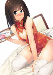 Rule 34 | 10s, 1girl, bare shoulders, blue eyes, blush, breasts, brown hair, china dress, chinese clothes, cleavage, cleavage cutout, clothing cutout, condom, condom wrapper, dildo, dress, dutch angle, heart, heart cutout, highres, idolmaster, idolmaster cinderella girls, looking at viewer, on table, pout, red dress, sex toy, shibuya rin, side slit, sitting, solo, table, thighhighs, torii yoshitsuna, tray, waitress, wariza