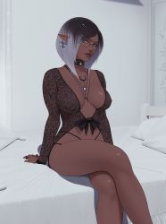 Rule 34 | 1girl, babydoll, bedroom, black hair, blue eyes, bob cut, breasts, brown lips, choker, commentary, commission, covered erect nipples, crescent, crescent necklace, cross, cross earrings, crossed legs, dark-skinned female, dark elf, dark skin, earrings, elezen, elf, english commentary, feet out of frame, fictional persona, final fantasy, final fantasy xiv, glasses, gradient hair, grey hair, highleg, highleg panties, highres, janelle colbernoux, jewelry, lace, large breasts, lips, long sleeves, looking to the side, mole, mole under mouth, multicolored hair, necklace, neozumi, no bra, nose, on bed, panties, plunging neckline, pointy ears, rimless eyewear, ring, short hair, solo, stud earrings, underwear, very dark skin, warrior of light (ff14)