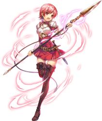 Rule 34 | 1girl, armor, blush, boots, brown thighhighs, cross-laced footwear, dress, elbow gloves, est (fire emblem), female focus, fire emblem, fire emblem: mystery of the emblem, fire emblem heroes, full body, gloves, headband, highres, holding, holding polearm, holding spear, holding weapon, knife, lace-up boots, matching hair/eyes, nintendo, official art, open mouth, pegasus knight uniform (fire emblem), pink eyes, pink hair, pink thighhighs, polearm, short hair, smile, solo, spear, thighhighs, thighhighs under boots, transparent background, weapon, white background