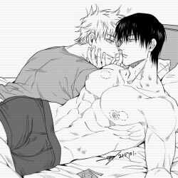 Rule 34 | 2boys, abs, bara, bed, bite mark, condom, condom wrapper, fushiguro touji, gojou satoru, greyscale, hickey, jujutsu kaisen, large pectorals, looking at another, lying, male focus, male underwear, monochrome, multiple boys, muscular, muscular male, navel, nipples, on back, on bed, on side, pectorals, sashiyu, scar, scar on face, scar on mouth, shirt, short hair, smile, underwear, yaoi